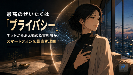 「最高のぜいたくはプライバシー」と題し、スマートフォンの追跡データから身を守る女性を描いたアニメ風アイキャッチ